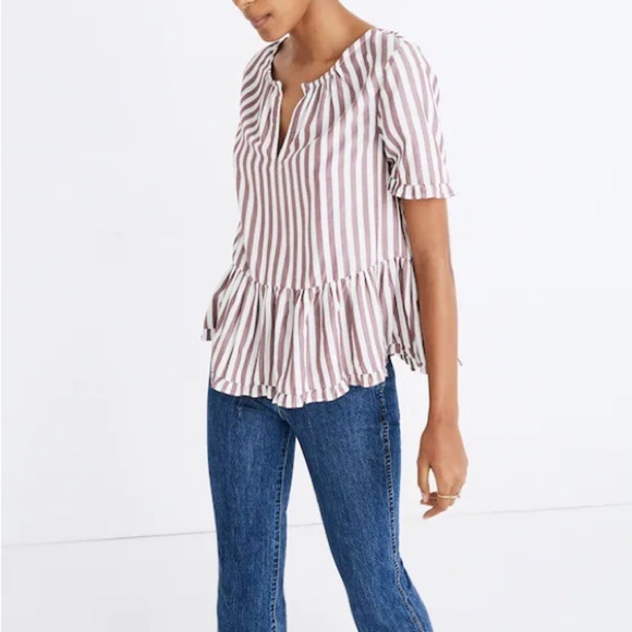 Madewell Pink and White Striped Peplum Blouse - Picture 1 of 15